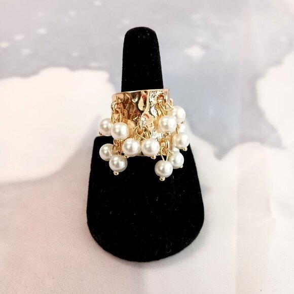 Adjustable Band Gold Plated Pearl Dangle Elegant Statement Ring - Picture 2 of 7